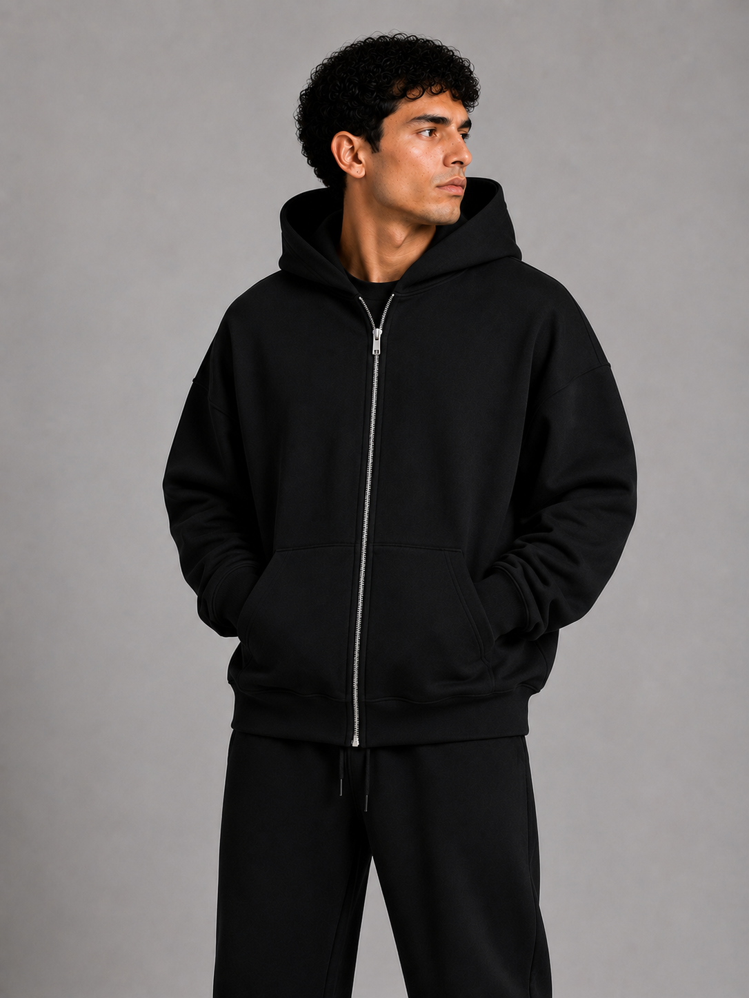 Zip Hoodie Over 400gr - Negro